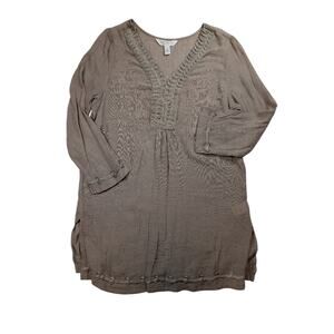 Krazy Kat Embroidered Collar Blouse Lightweight Flowy Beige Womens Medium